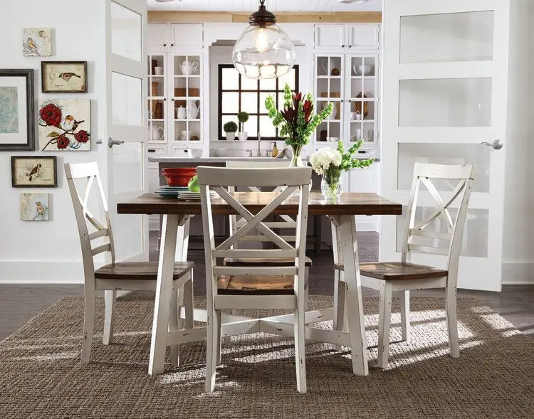 Amelia Dining Table and Four Chairs Set, Light Brown Top with Distressed White Base