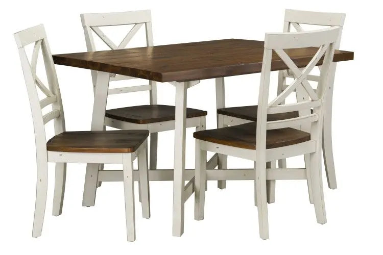 Amelia Dining Table and Four Chairs Set, Light Brown Top with Distressed White Base
